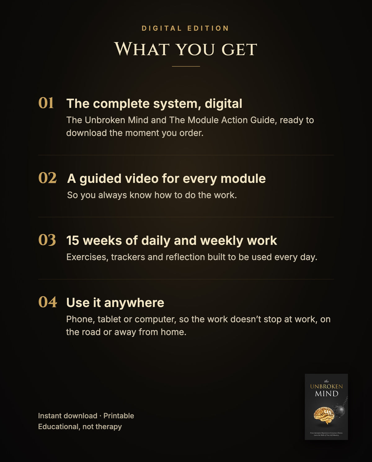 What you get with the Digital Edition: the complete system, a guided video for every module, 15 weeks of daily and weekly work, use it anywhere