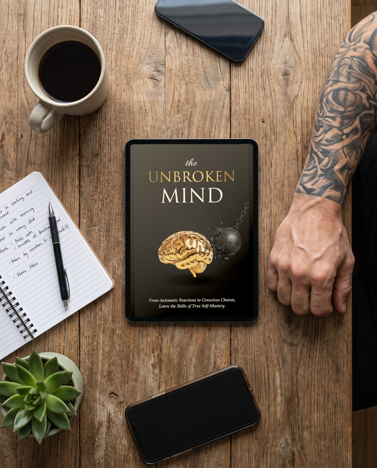 The Unbroken Mind on a tablet on a timber table with coffee, a notebook and a pen