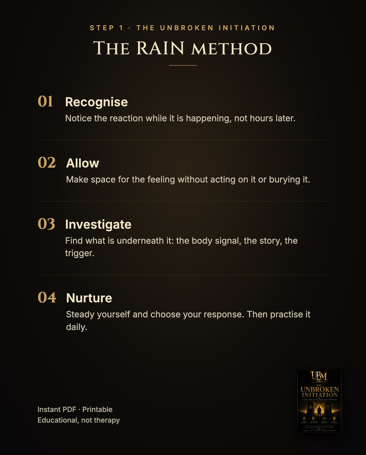 The RAIN method in The Unbroken Initiation: Recognise, Allow, Investigate, Nurture