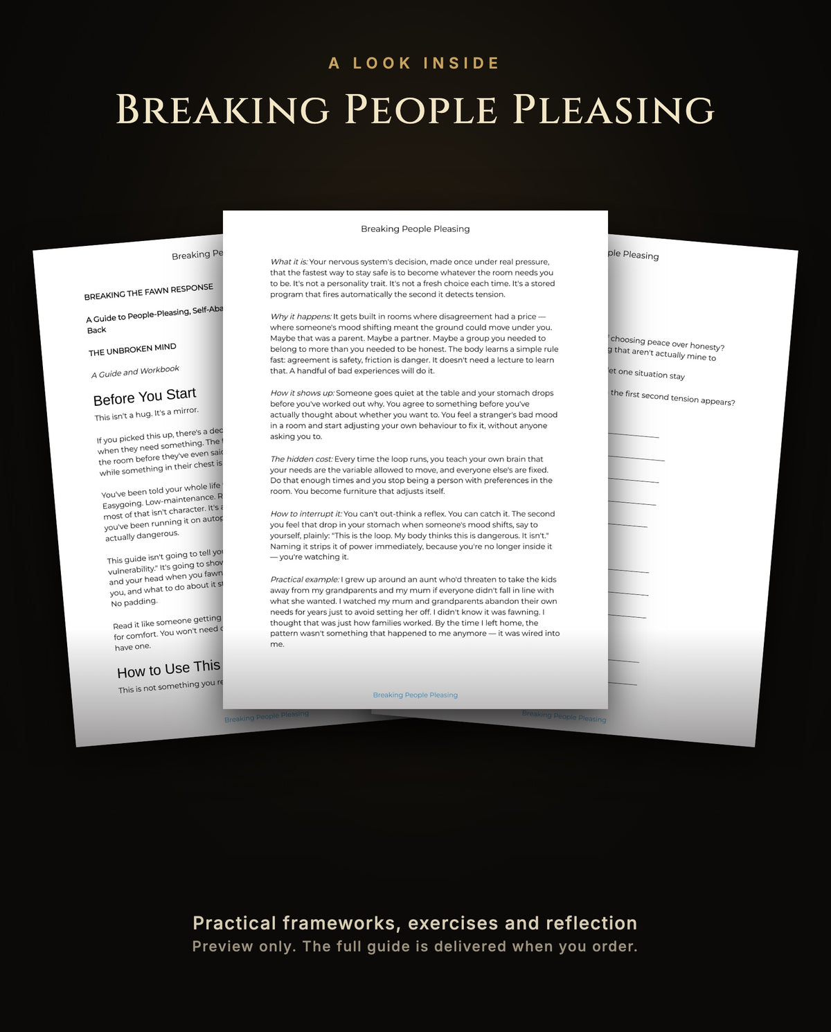 A look inside Breaking People Pleasing: the opening pages and a chapter one workbook page, preview only