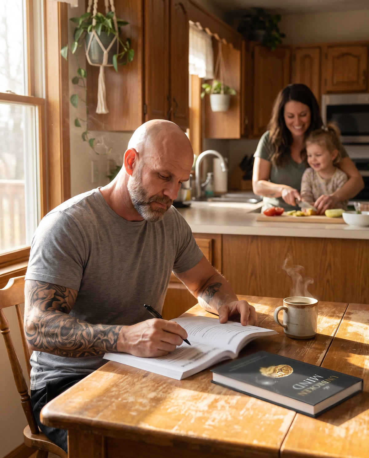 A man writing in the printed workbook at a sunny kitchen table while his partner and child make breakfast