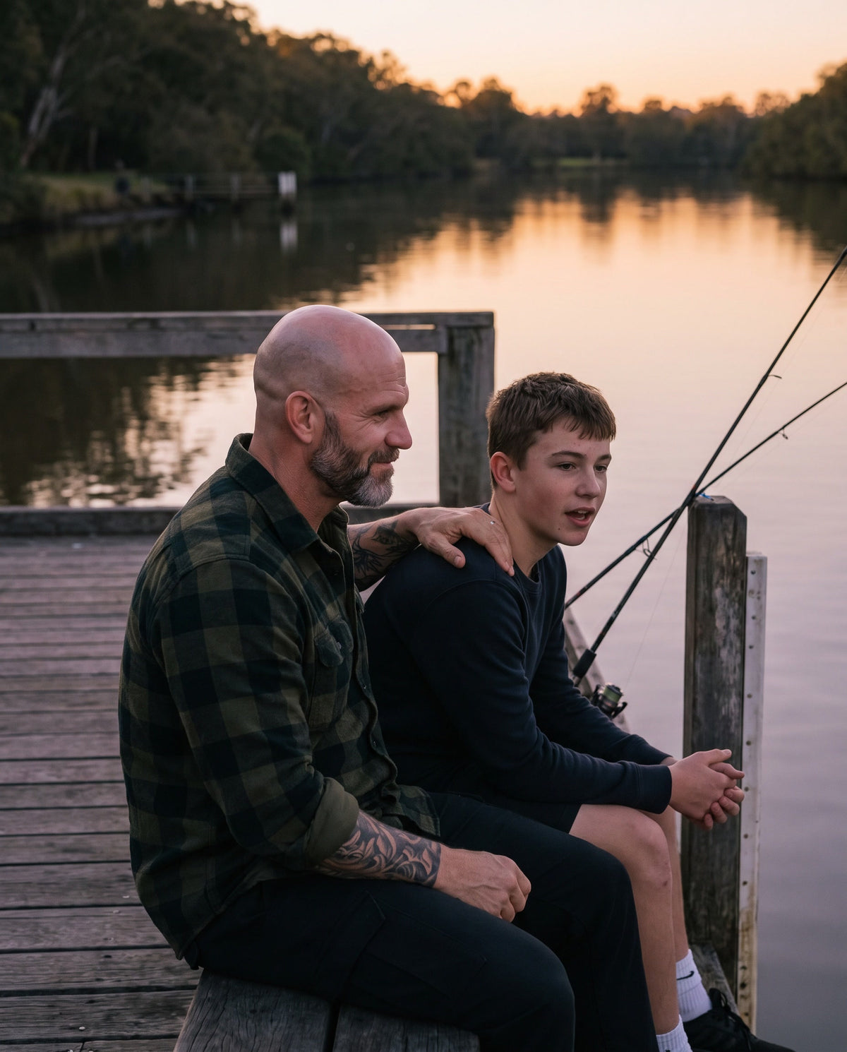 A father listening to his teenage son on a jetty at dusk, his hand on the boy's shoulder