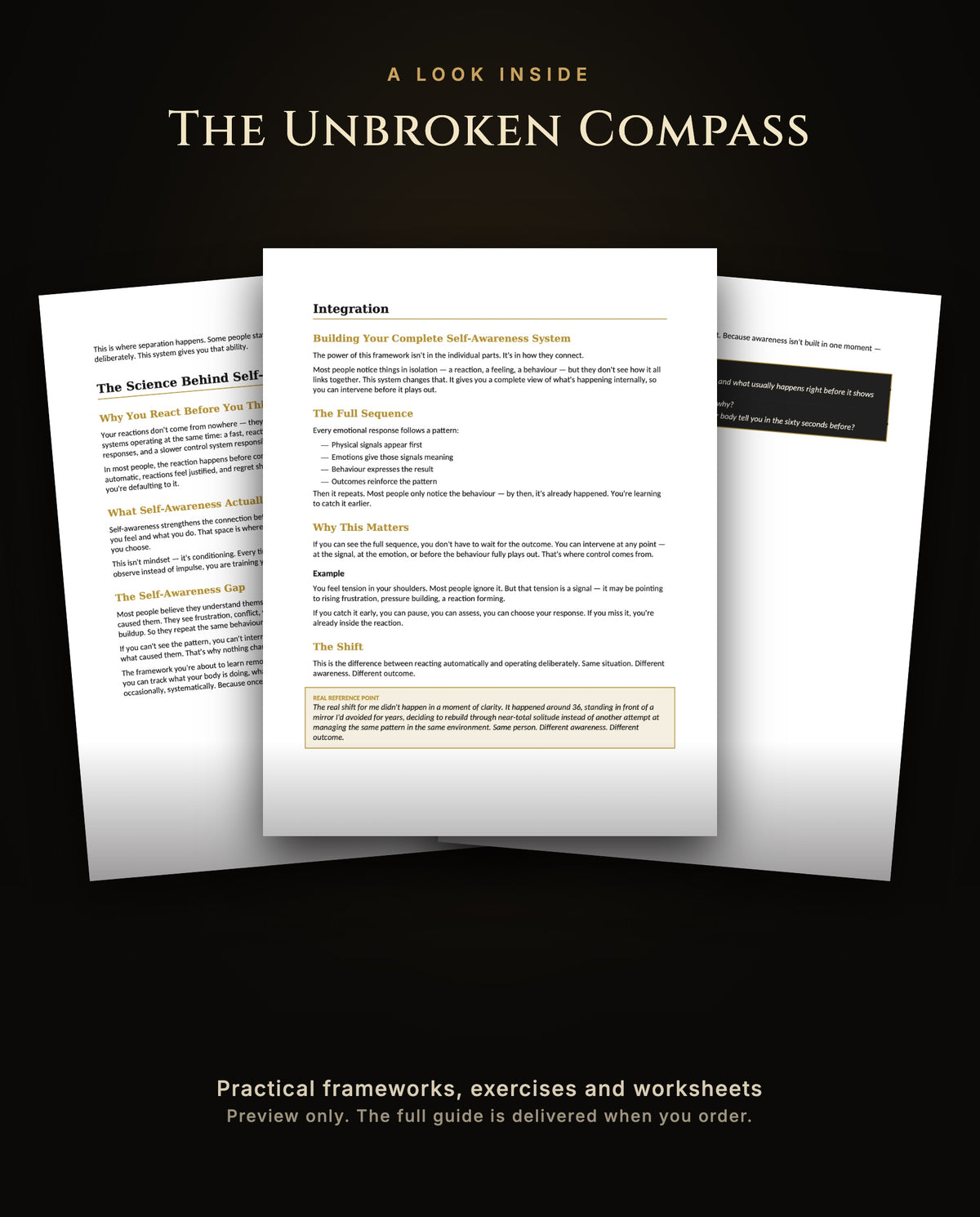 A look inside The Unbroken Compass: three sample pages with frameworks and exercises, preview only