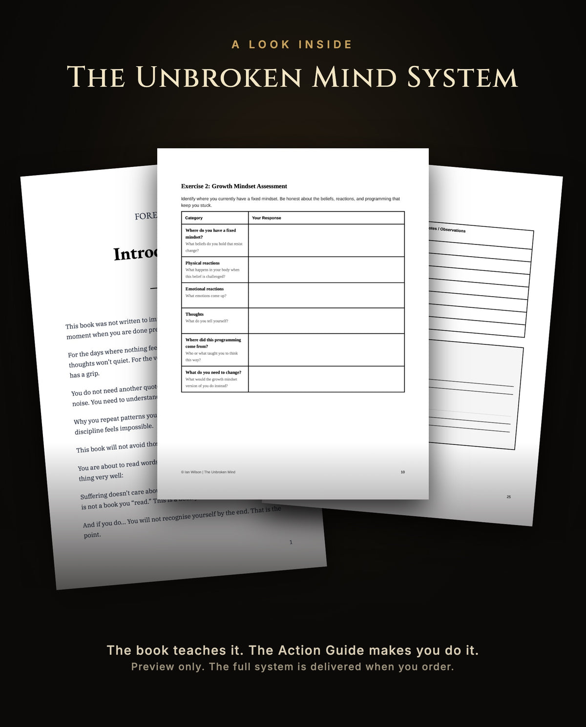 A look inside The Unbroken Mind System: the book's introduction, a growth mindset assessment and a 7-day tracker, preview only