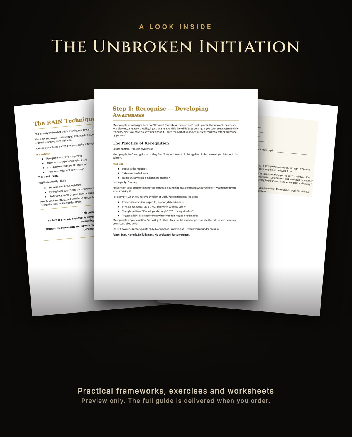 A look inside The Unbroken Initiation: three sample pages on the RAIN technique, preview only