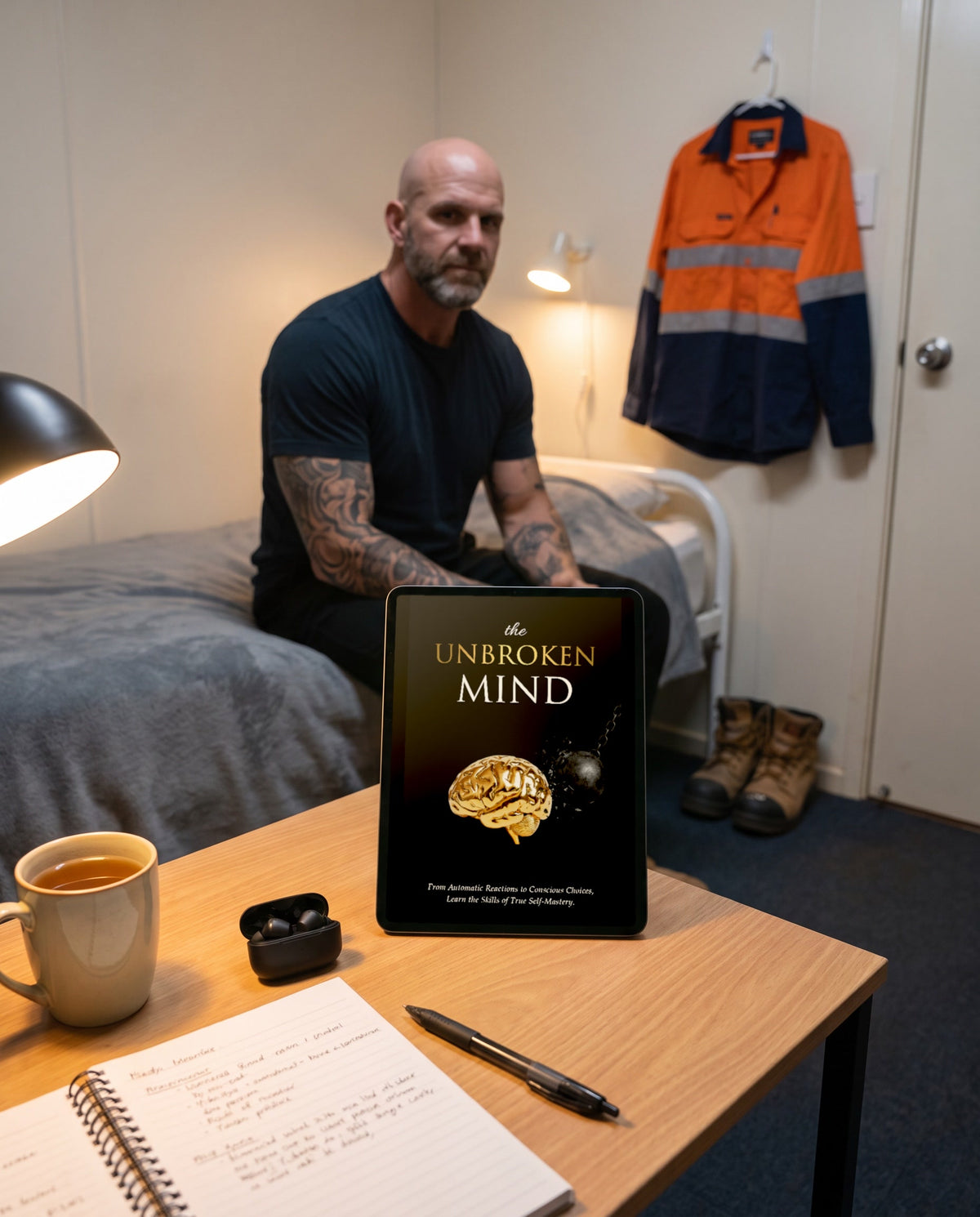 The Unbroken Mind on a tablet in a mining camp room at night, a man sitting on the bed behind it