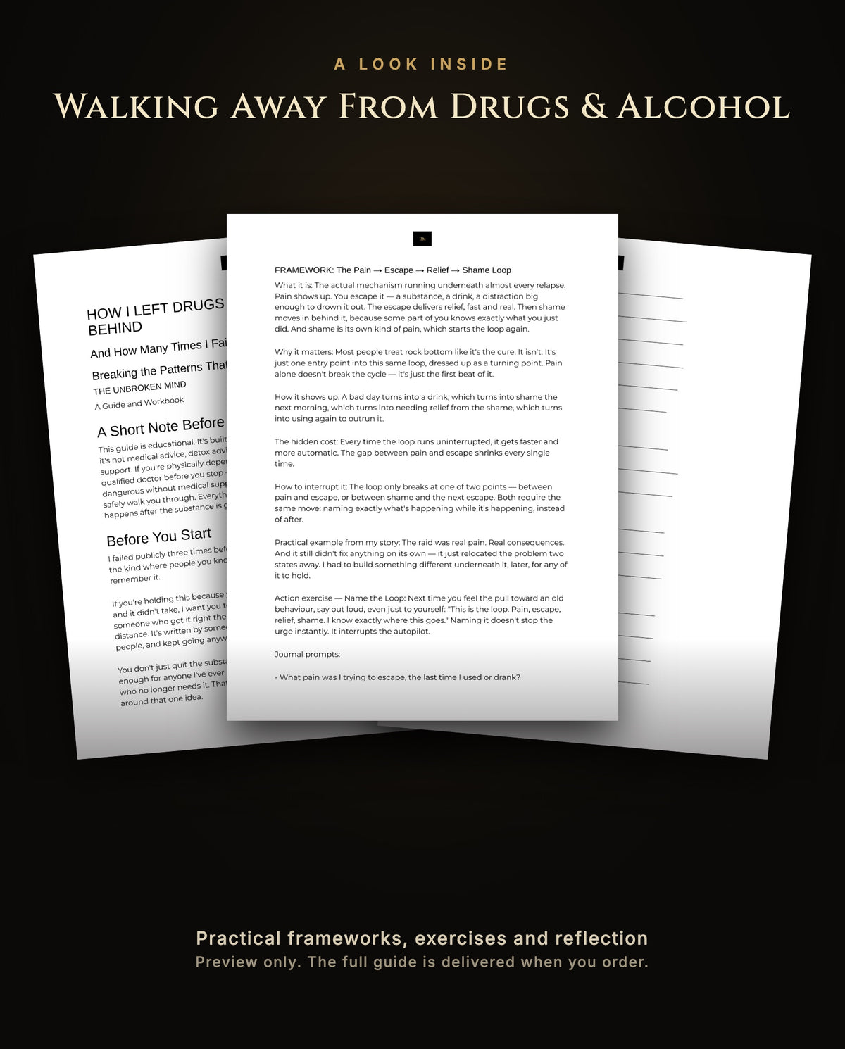 A look inside Walking Away From Drugs and Alcohol: the opening pages, the Pain, Escape, Relief, Shame loop framework and a workbook page, preview only