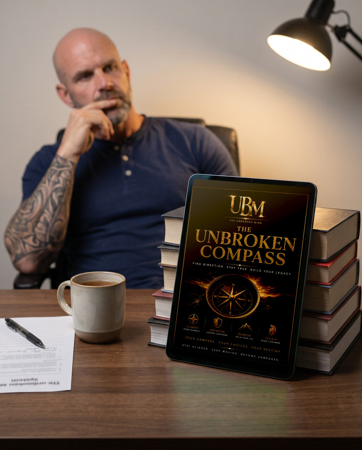The Unbroken Compass open on a tablet at an evening desk, a man thinking in the background